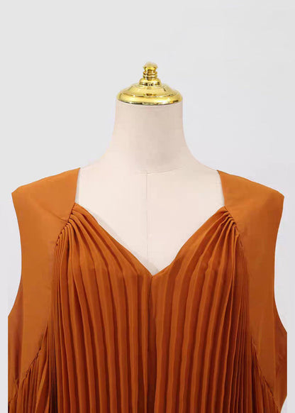 French Brown V Neck Wrinkled Chiffon Long Dresses Sleeveless