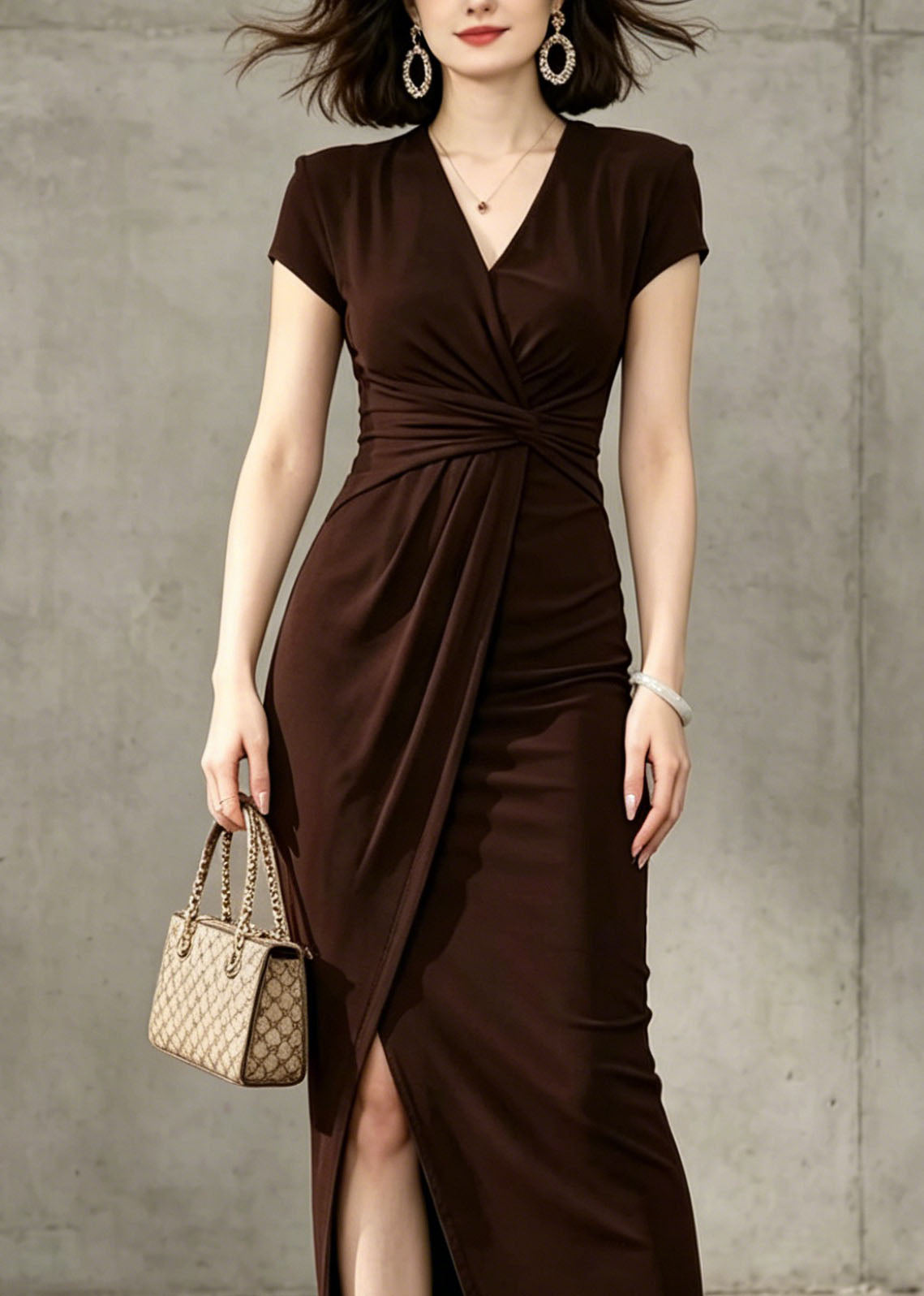 French Brown V Neck Wrinkled Side Open Cotton Long Dress Summer