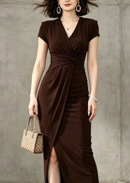 French Brown V Neck Wrinkled Side Open Cotton Long Dress Summer