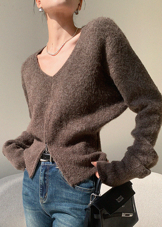 French Brown V Neck Zip Up Knit Sweaters Spring
