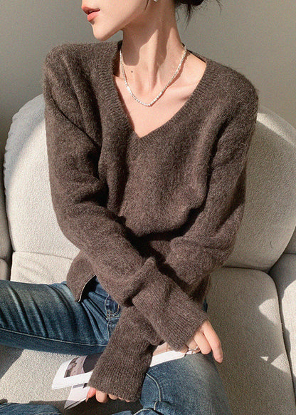 French Brown V Neck Zip Up Knit Sweaters Spring