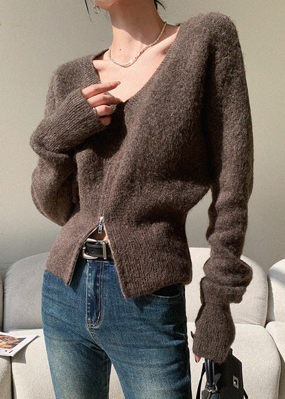 French Brown V Neck Zip Up Knit Sweaters Spring