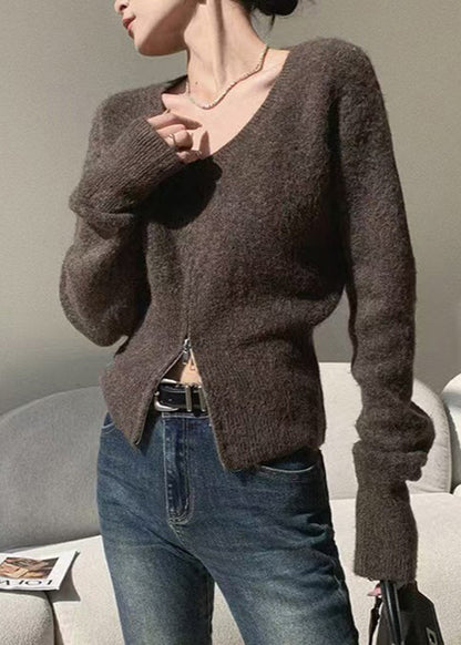 French Brown V Neck Zip Up Knit Sweaters Spring