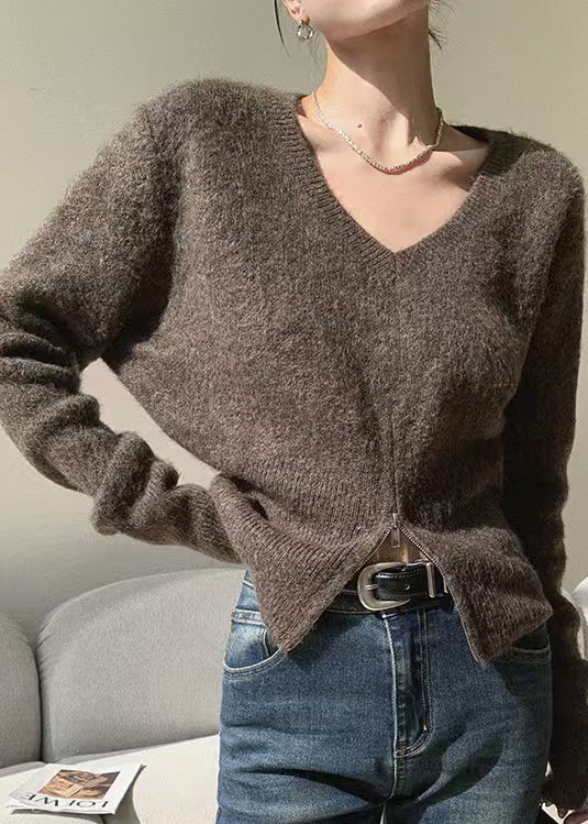 French Brown V Neck Zip Up Knit Sweaters Spring