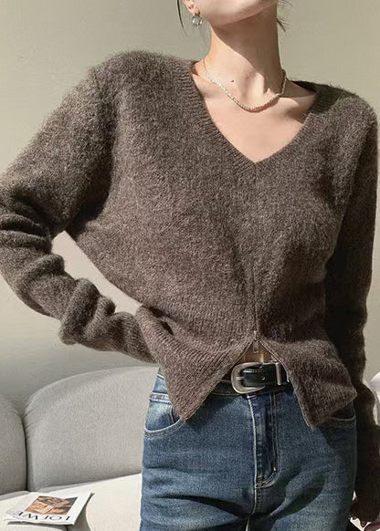 French Brown V Neck Zip Up Knit Sweaters Spring