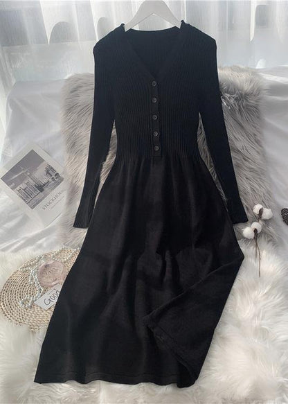 French Button Knitted Sweater Long Over-the-knee Slim Dress - SooLinen