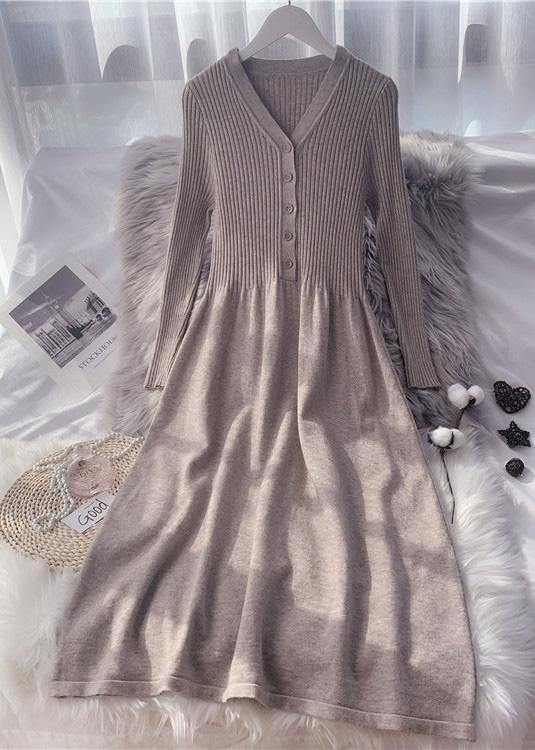 French Button Knitted Sweater Long Over-the-knee Slim Dress - SooLinen