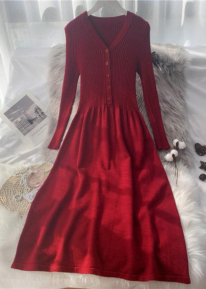 French Button Knitted Sweater Long Over-the-knee Slim Dress - SooLinen