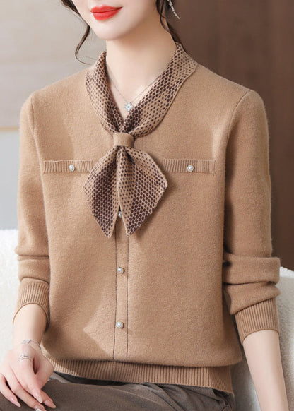 French Camel Button Cotton Knit Sweaters Fall