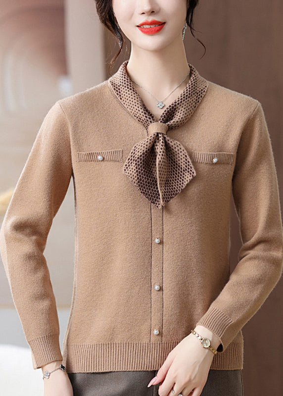 French Camel Button Cotton Knit Sweaters Fall