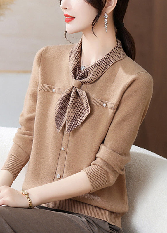 French Camel Button Cotton Knit Sweaters Fall