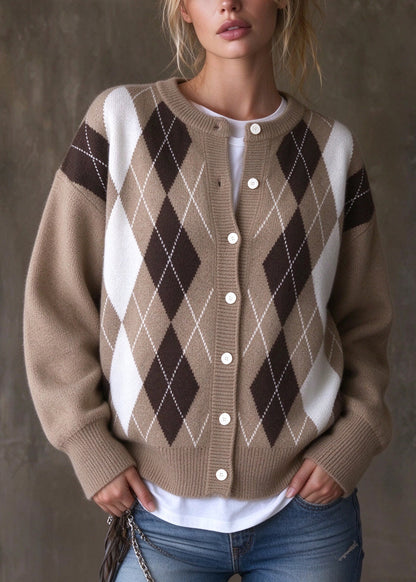 French Camel O Neck Button Plaid Knit Cardigan Fall