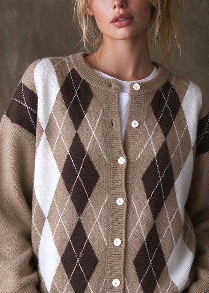 French Camel O Neck Button Plaid Knit Cardigan Fall