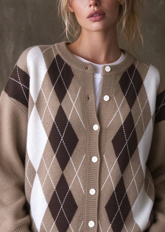 French Camel O Neck Button Plaid Knit Cardigan Fall