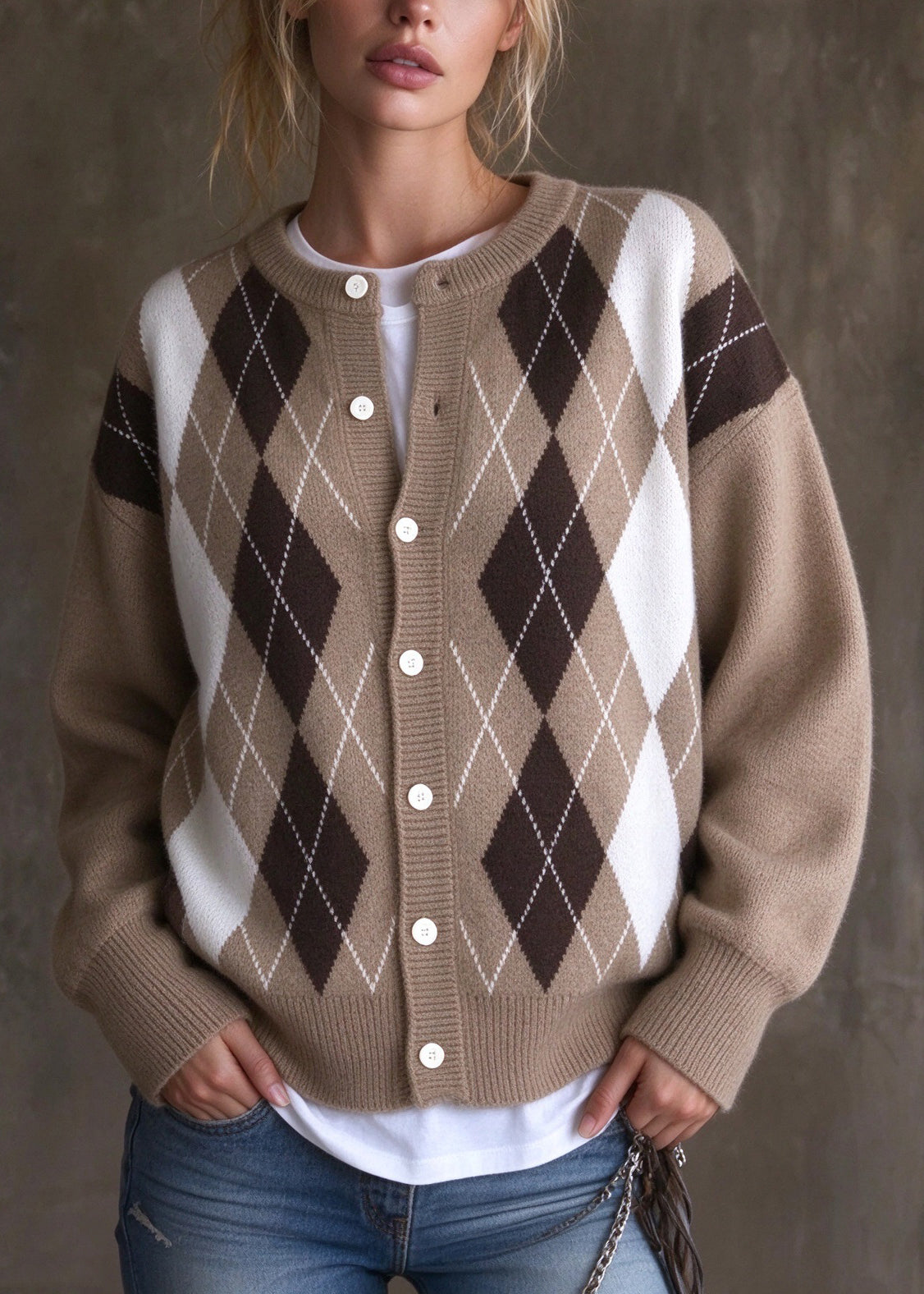 French Camel O Neck Button Plaid Knit Cardigan Fall