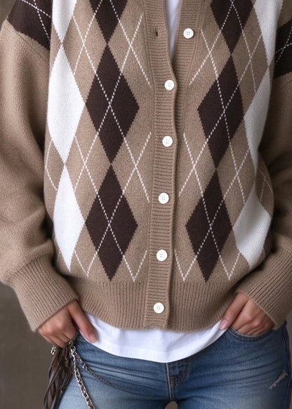 French Camel O Neck Button Plaid Knit Cardigan Fall