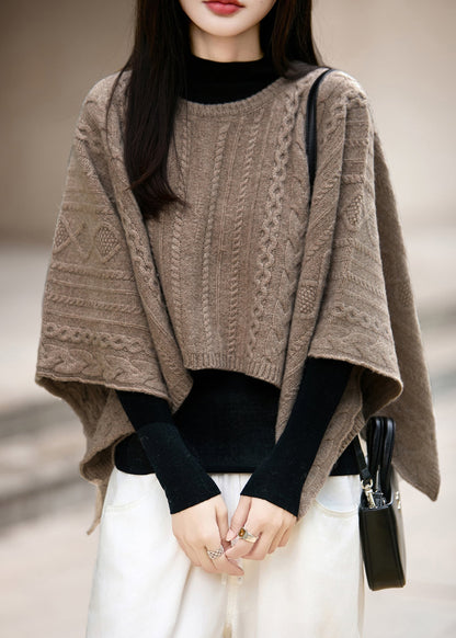 French Camel O Neck Cable Knit Woolen Sweaters Winter