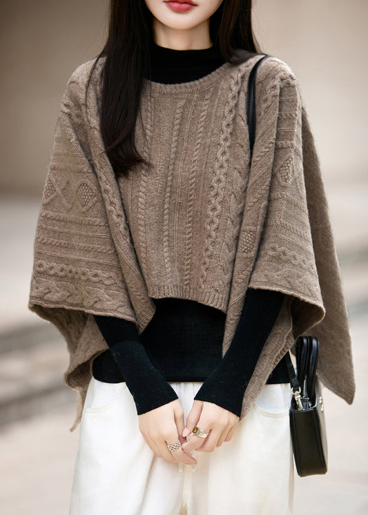 French Camel O Neck Cable Knit Woolen Sweaters Winter