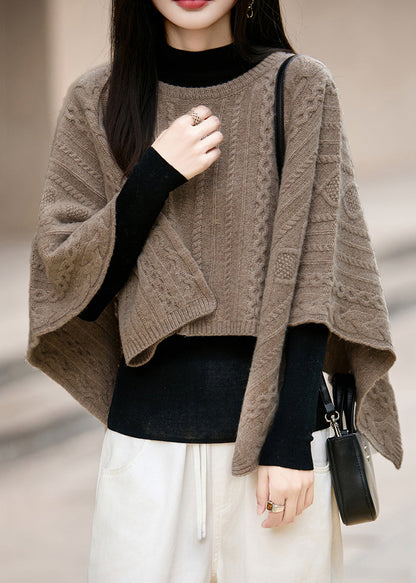 French Camel O Neck Cable Knit Woolen Sweaters Winter