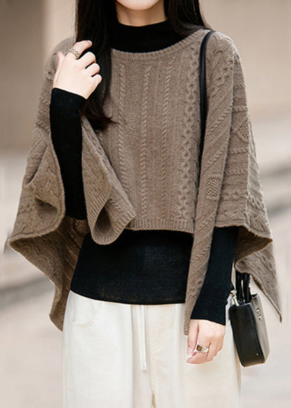 French Camel O Neck Cable Knit Woolen Sweaters Winter