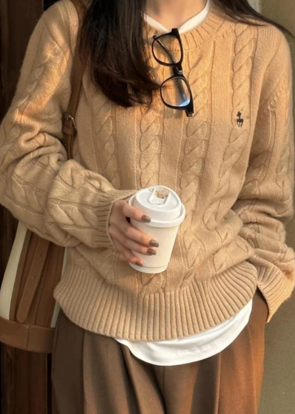 French Camel O Neck Embroidered Knit Sweaters Tops Spring