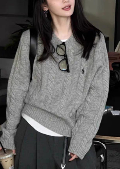 French Camel O Neck Embroidered Knit Sweaters Tops Spring