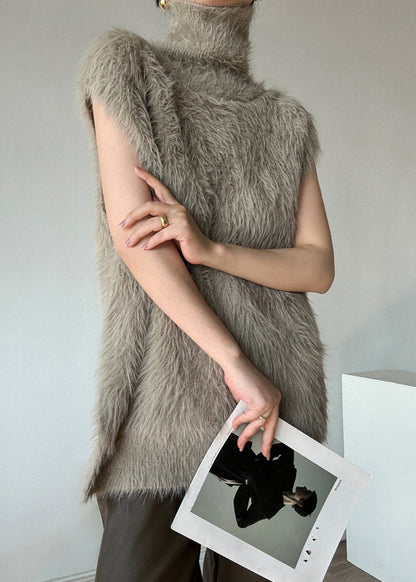 French Camel Turtleneck Faux Mink Hair Knitted Mid-Iength Waistcoat Sleeveless