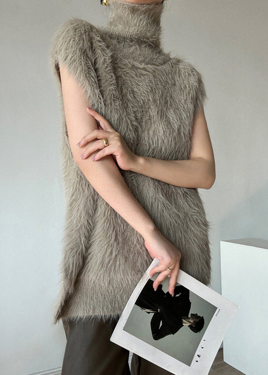 French Camel Turtleneck Faux Mink Hair Knitted Mid-Iength Waistcoat Sleeveless