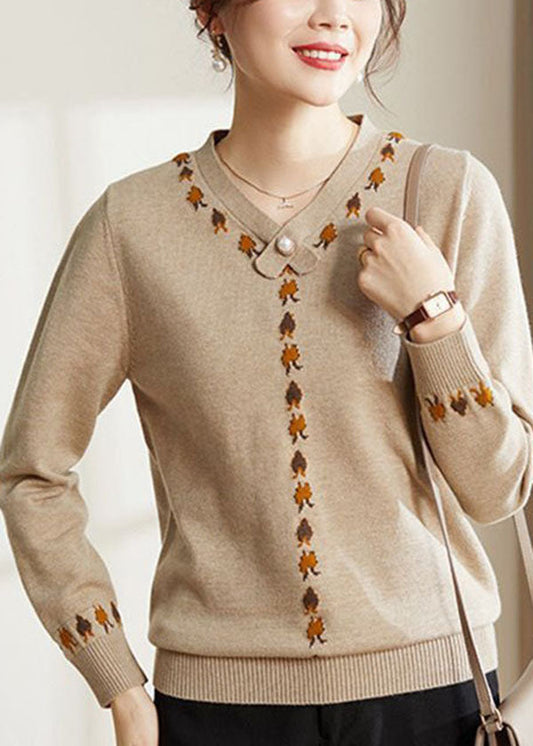 French Camel V Neck Embroideried Thick Knit Sweater Tops Long Sleeve