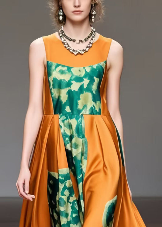 French Caramel Print Exra Large Hem Silk Long Dress Sleeveless