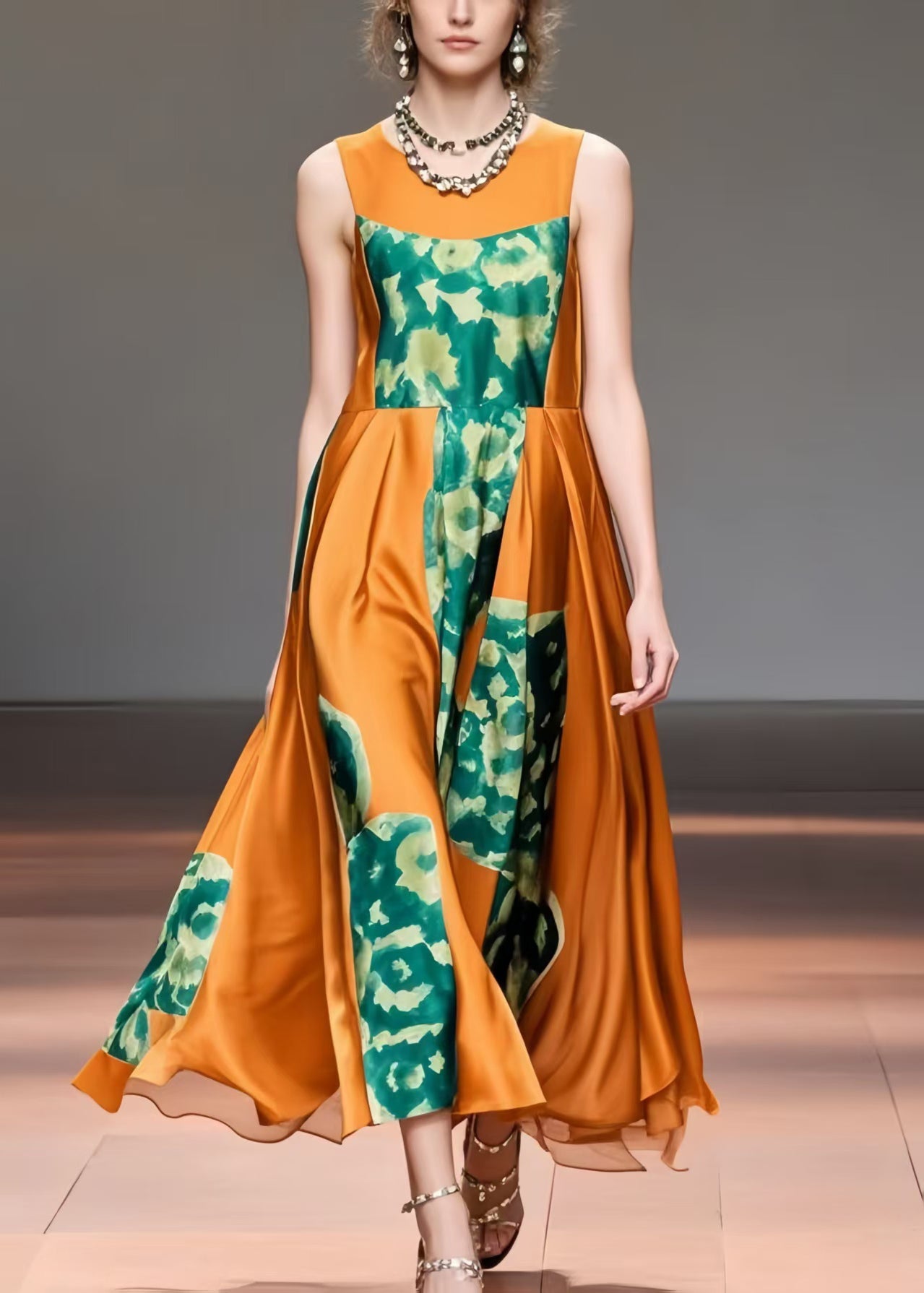 French Caramel Print Exra Large Hem Silk Long Dress Sleeveless