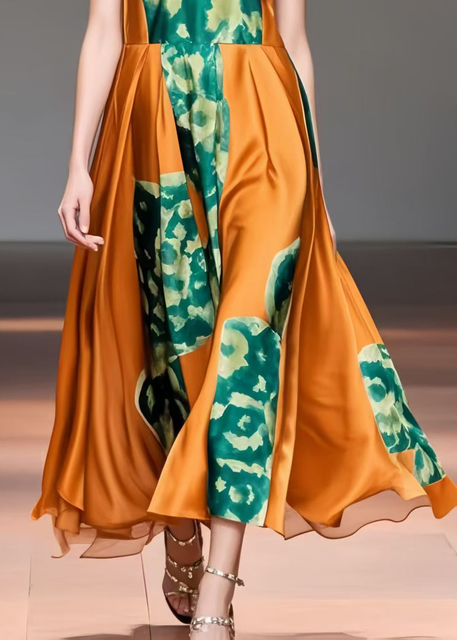 French Caramel Print Exra Large Hem Silk Long Dress Sleeveless