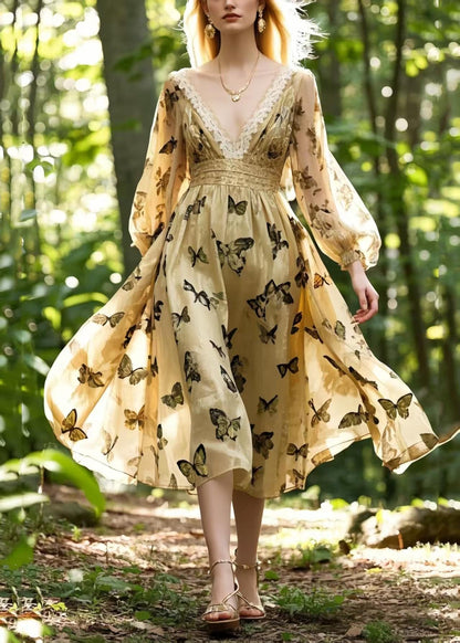 French Champagne Butterfly Silk Party Dress Spring