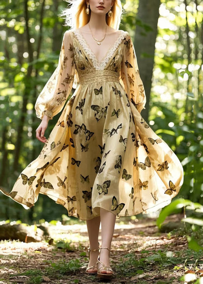French Champagne Butterfly Silk Party Dress Spring