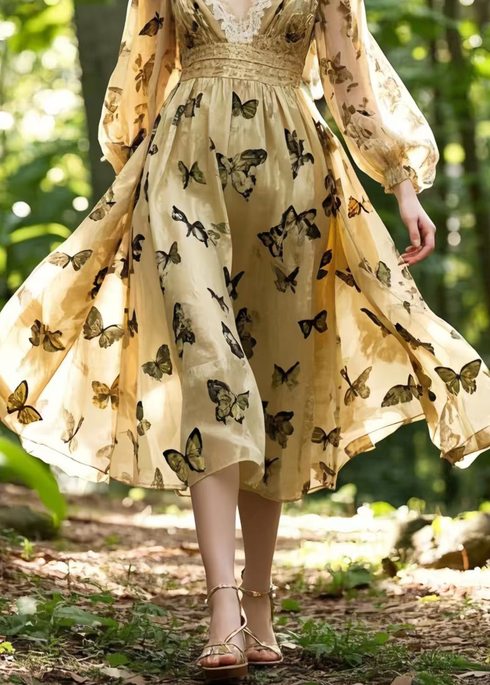 French Champagne Butterfly Silk Party Dress Spring