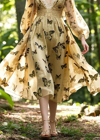French Champagne Butterfly Silk Party Dress Spring