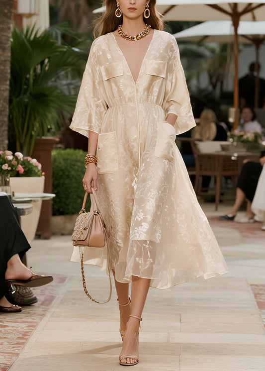 French Champagne Jacquard Pockets Tulle Party Dress Summer