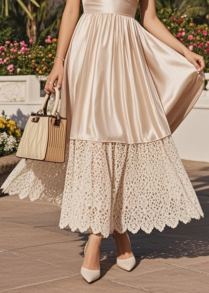 French Champagne Lace Patchwork Exra Large Hem Silk Halter Dresses Summer