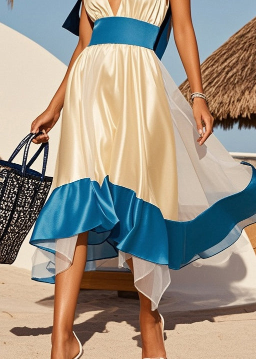 French Champagne Patchwork Exra Large Hem Silk Party Dresses Summer