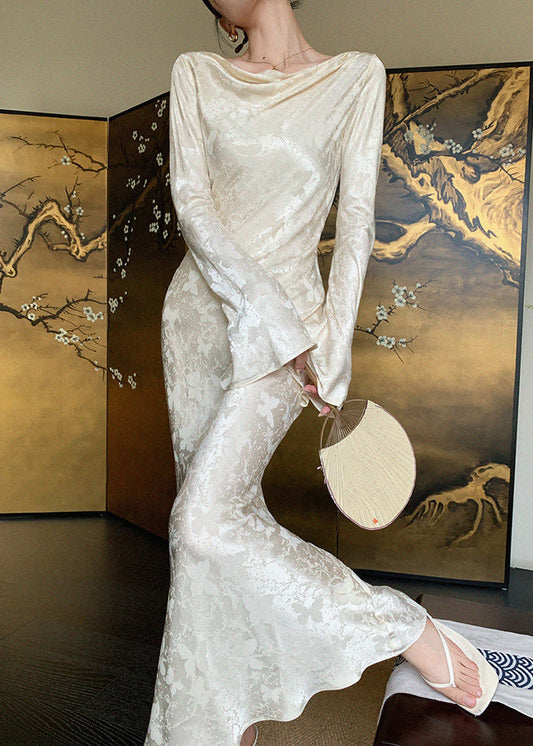 French Champagne Print Flattering Maxi Dress Spring