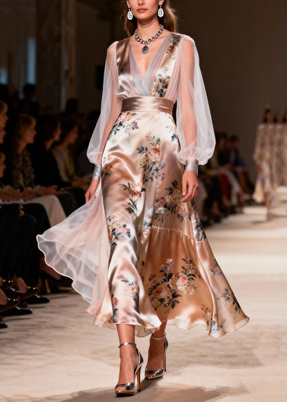 French Champagne Print Tulle Patchwork Silk Dinner Dress Summer