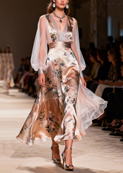 French Champagne Print Tulle Patchwork Silk Dinner Dress Summer