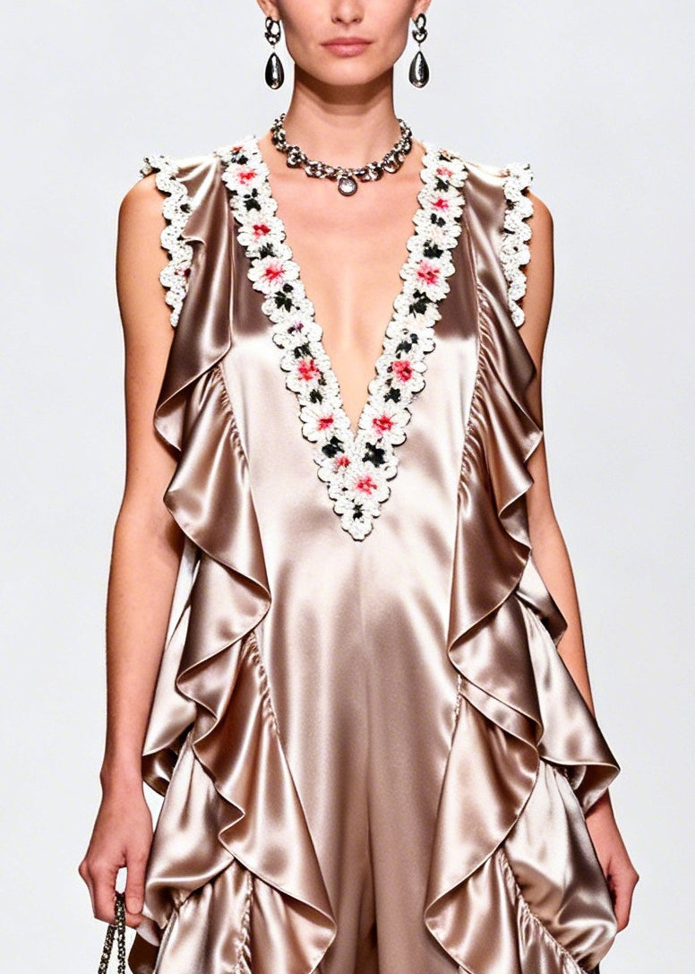 French Champagne Ruffled Floral Silk Vacation Dresses Sleeveless