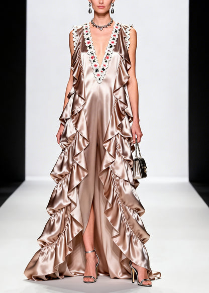 French Champagne Ruffled Floral Silk Vacation Dresses Sleeveless