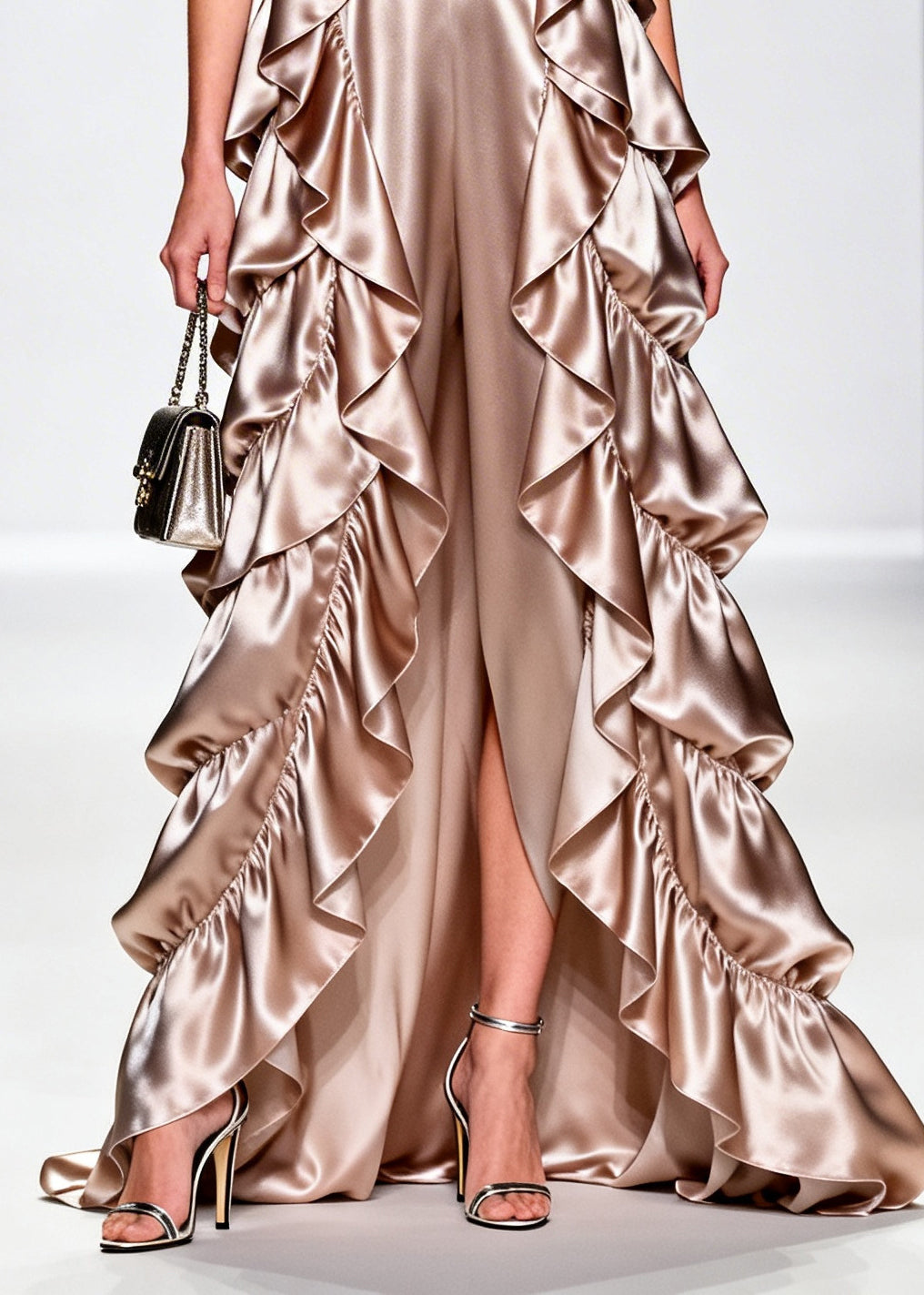 French Champagne Ruffled Floral Silk Vacation Dresses Sleeveless