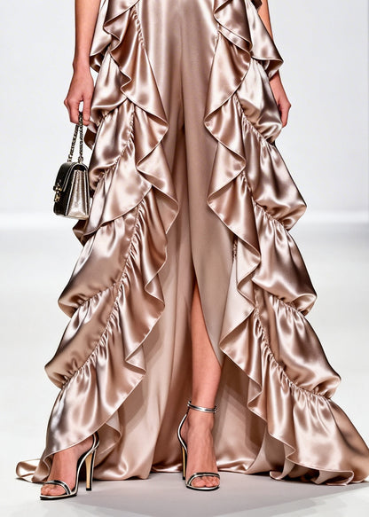 French Champagne Ruffled Floral Silk Vacation Dresses Sleeveless