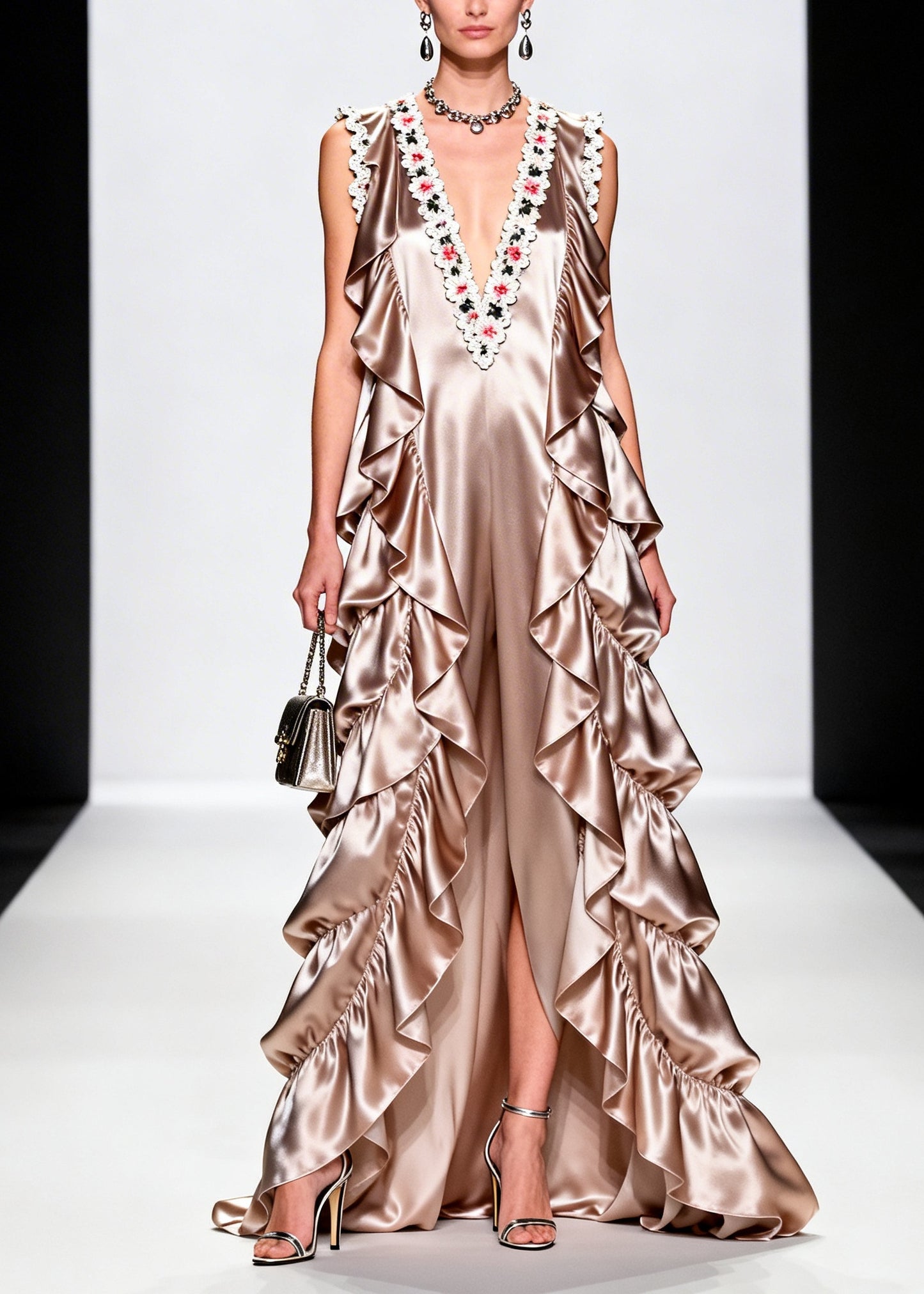 French Champagne Ruffled Floral Silk Vacation Dresses Sleeveless