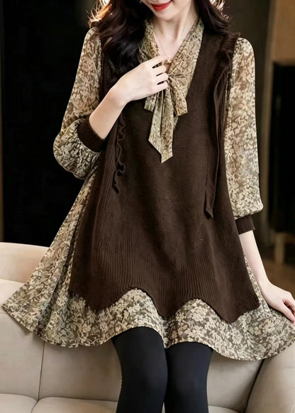 French Chocolate Lace Up Bow Print Patchwork Chiffon Blouses Fall