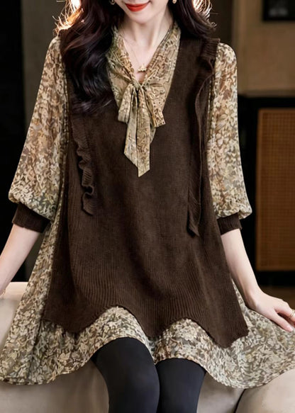 French Chocolate Lace Up Bow Print Patchwork Chiffon Blouses Fall