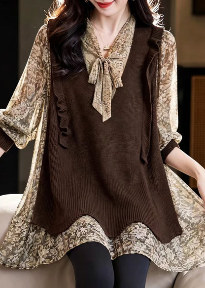 French Chocolate Lace Up Bow Print Patchwork Chiffon Blouses Fall